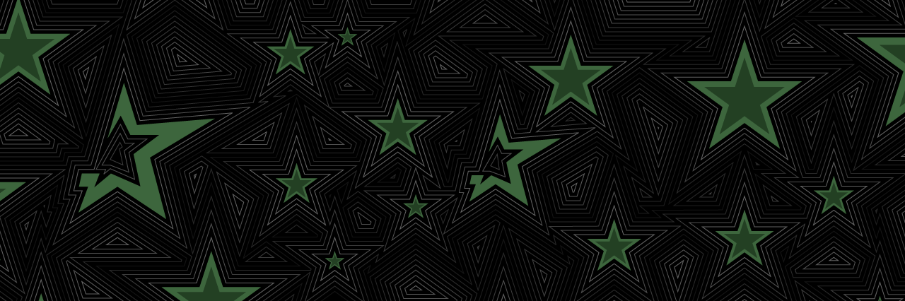 Scattered green stars over fine concentric line work on a black background